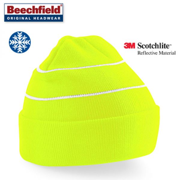 Beechfield - Fluo gele muts met reflecterende 3M strepen voor een hoge zichtbaarheid