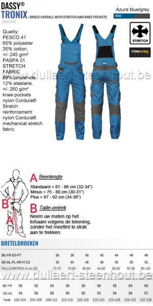 DASSY® Tronix (400163) Bretelbroek / salopette met stretch en kniezakken - azuurblauw/grijs