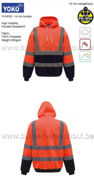 Yoko HVK05 - Hi vis sweater met kap / hi vis hoodie - fluo oranje / navy 