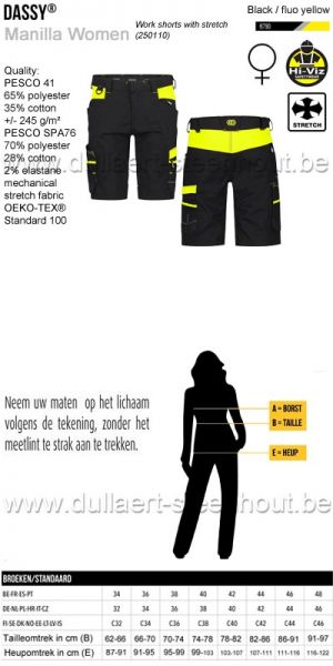 DASSY® Manilla Women (250110) Werkshort met stretch voor dames - zwart / fluogeel